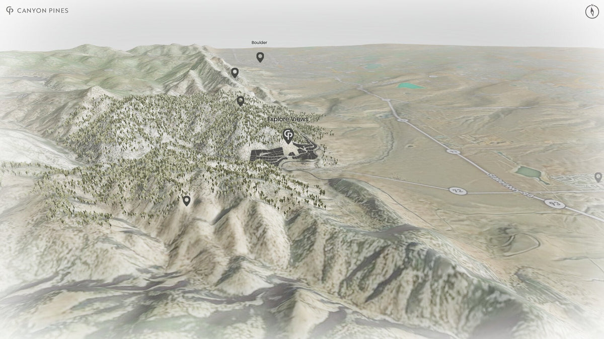 The Canyon Pines 3D map: foothills terrain with homesite markers and nearby places