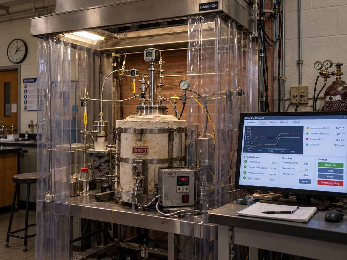 Illustration of the reactor under a lab fume hood, beside a Reactor Control screen showing live temperatures, setpoints, and controls