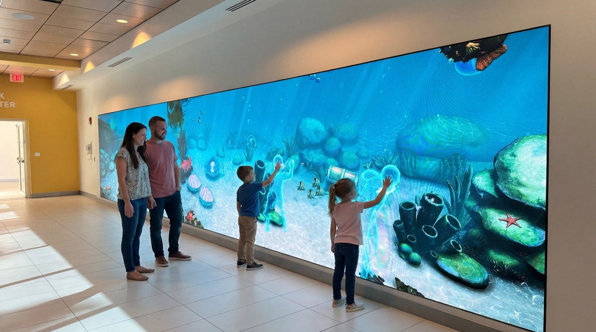Two children reaching toward an underwater scene on a long video wall in a hospital hallway, with glowing outlines of them in the water, while their parents watch