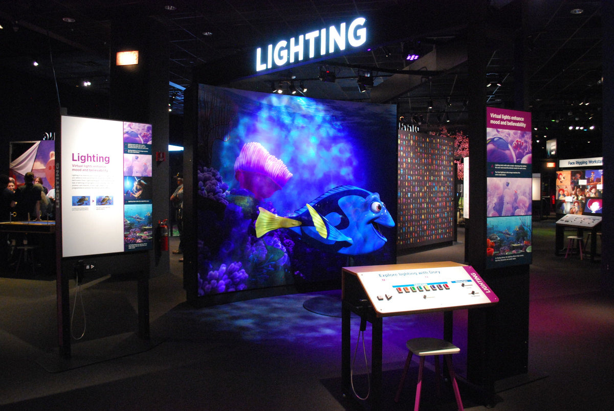 The Lighting section of The Science Behind Pixar, with a large Finding Nemo scene and an interactive lighting console